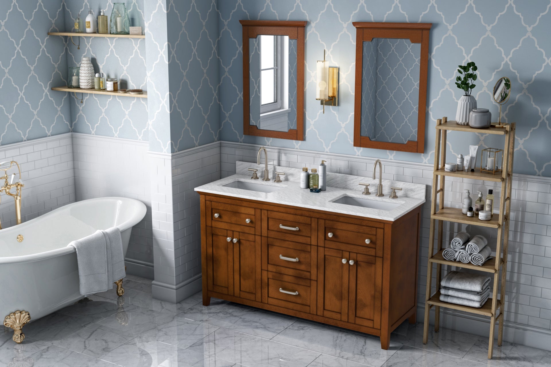 60" Chocolate Chatham Vanity, double bowl, White Carrara Marble Vanity Top, two undermount rectangle bowls
