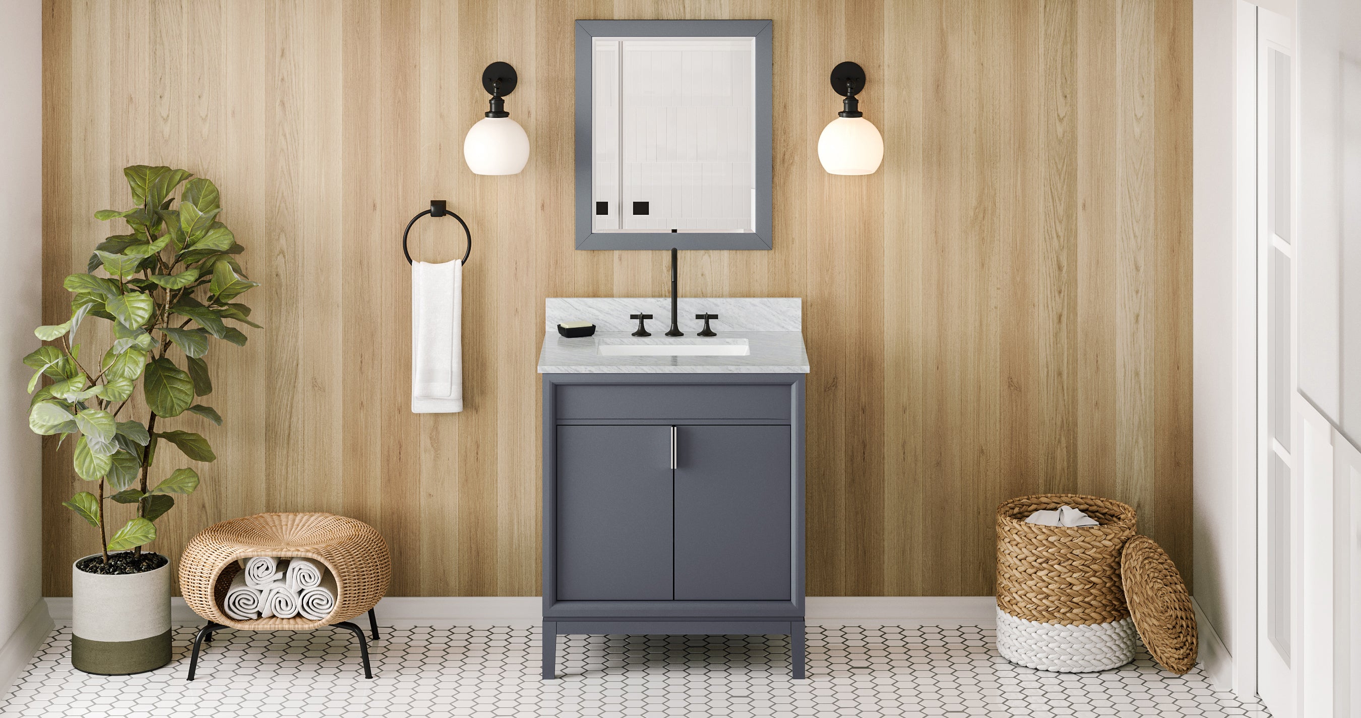 30" Blue Steel Theodora Vanity, White Carrara Marble Vanity Top, undermount rectangle bowl | KitchBath