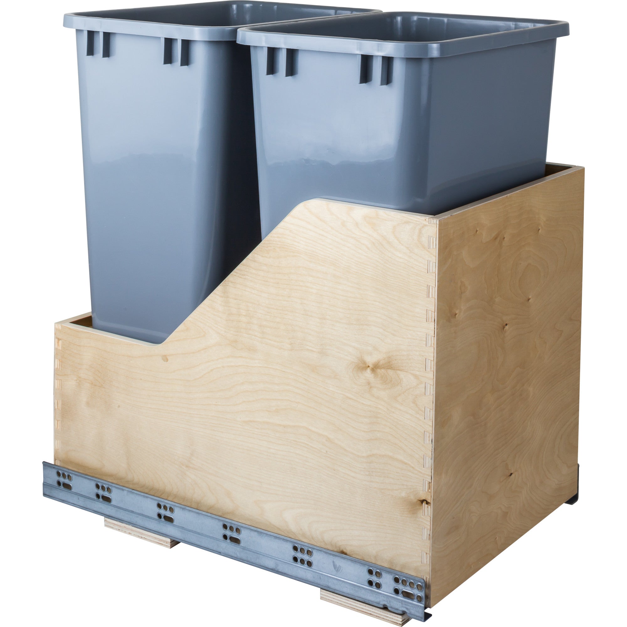 Double 50 Quart Wood Bottom-Mount Soft-close Trashcan Rollout for Hinged Doors, Includes Two Grey Cans | KitchBath