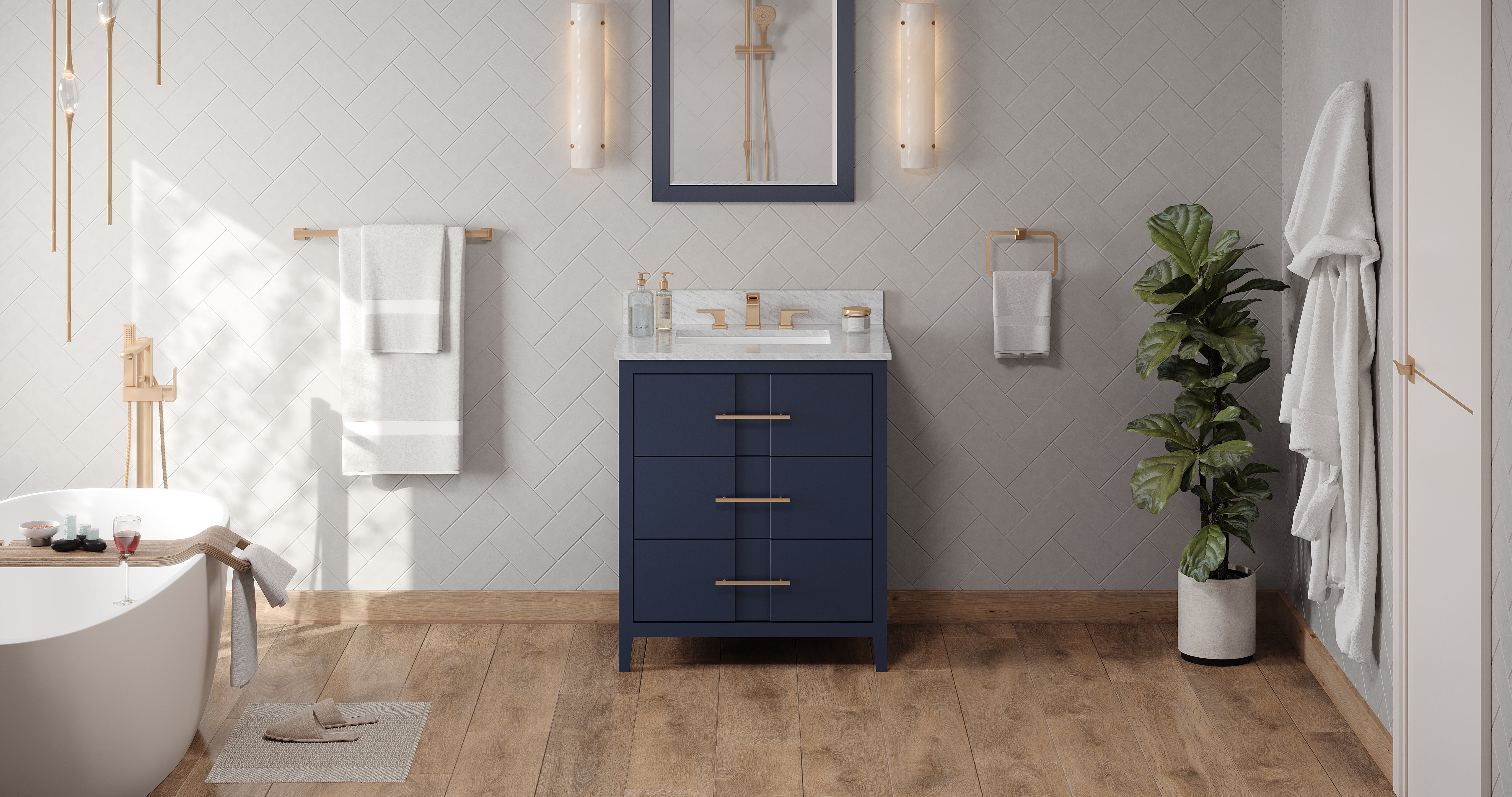30" Hale Blue Katara Vanity, White Carrara Marble Vanity Top, undermount rectangle bowl | KitchBath