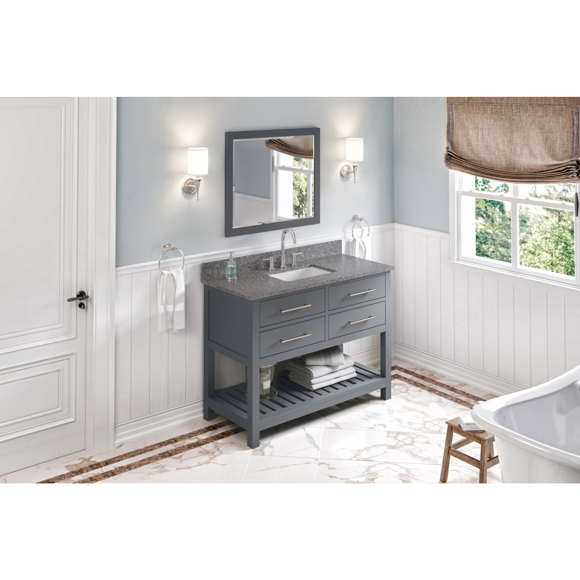 48" Grey Wavecrest Vanity, Boulder Cultured Marble Vanity Top, undermount rectangle bowl | KitchBath