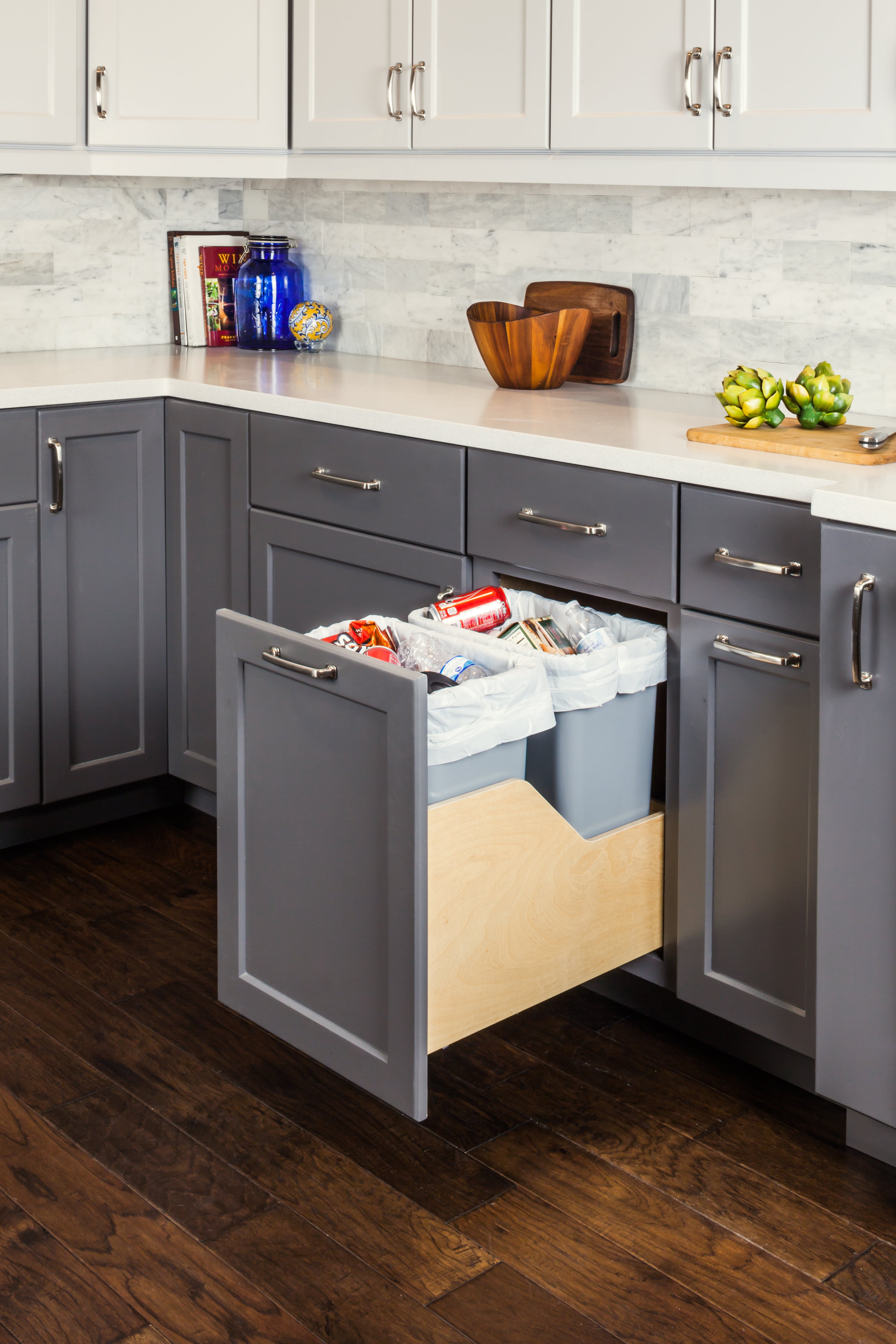 Double 35 Quart Wood Bottom-Mount Soft-close Trashcan Rollout for Door Mounting, Includes Two Grey Cans | KitchBath