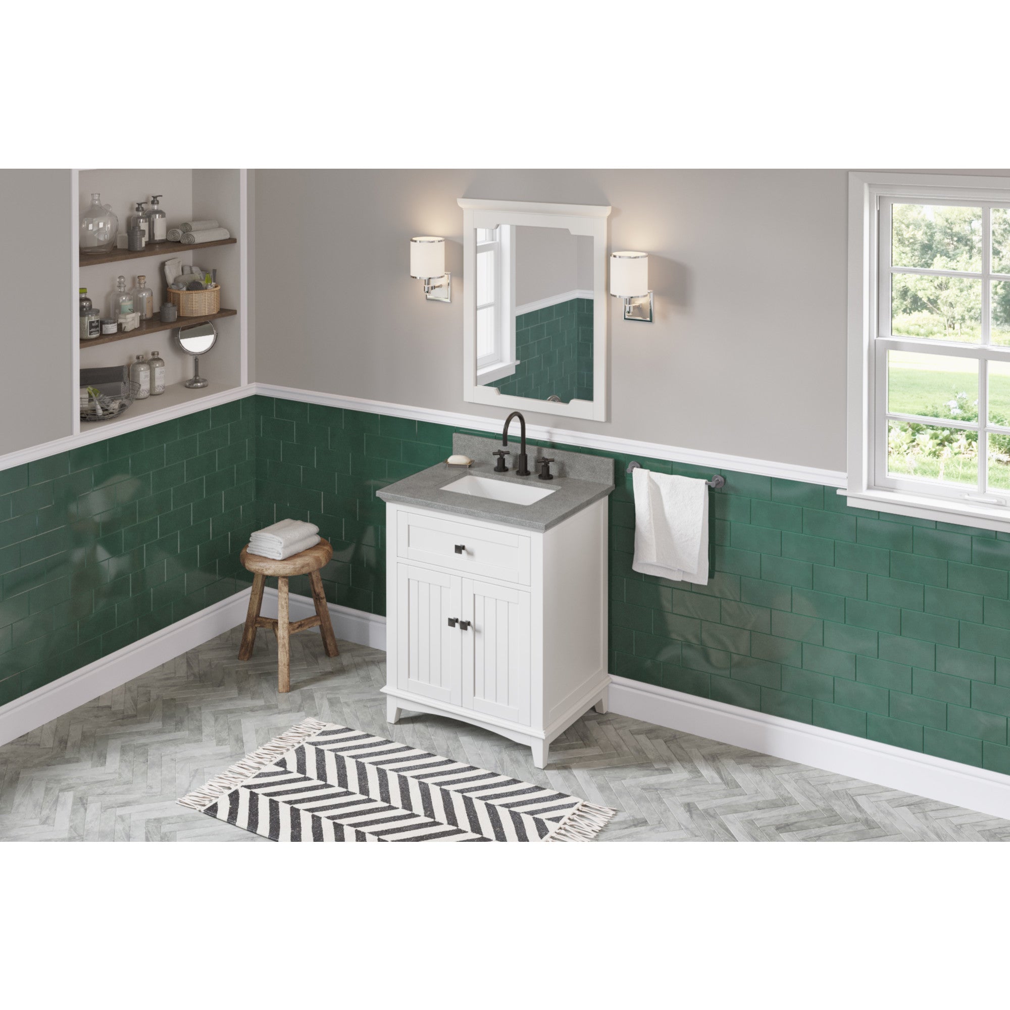 30" White Savino Vanity, Steel Grey Cultured Marble Vanity Top, undermount rectangle bowl | KitchBath