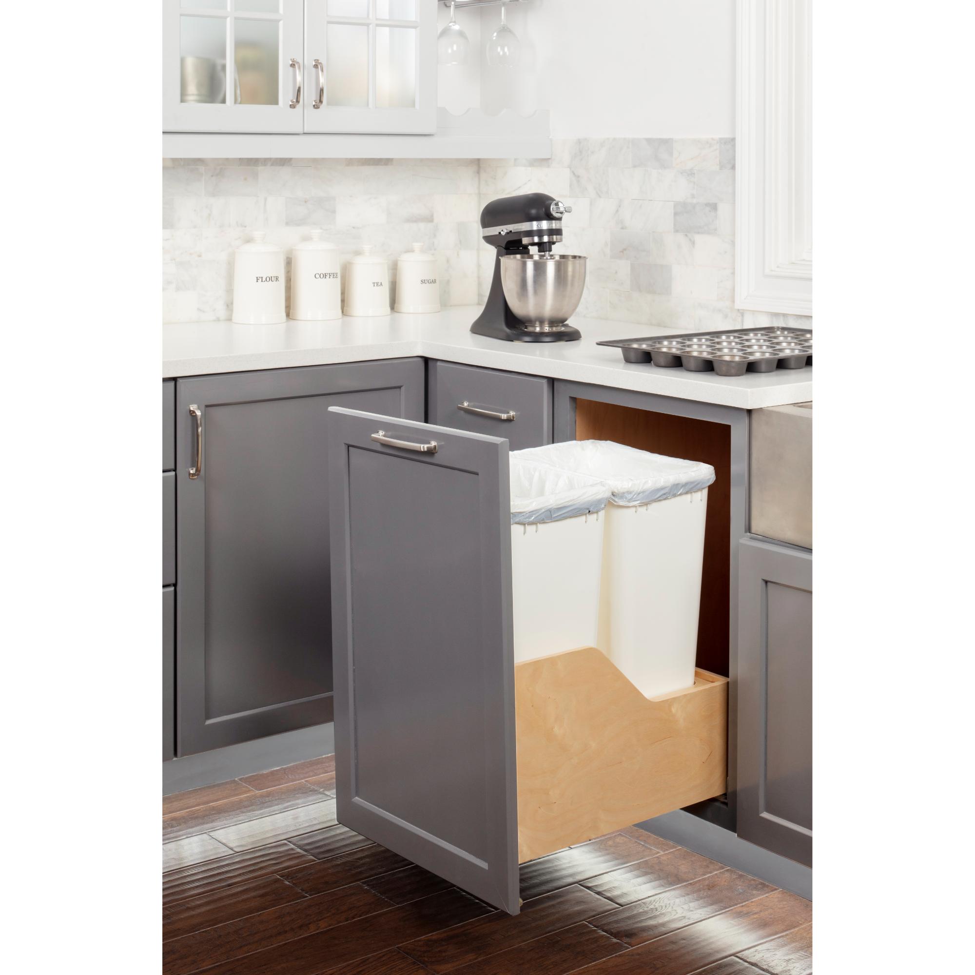 Double 50 Quart Wood Bottom-Mount Soft-close Trashcan Rollout for Door Mounting, Includes Two White Cans | KitchBath