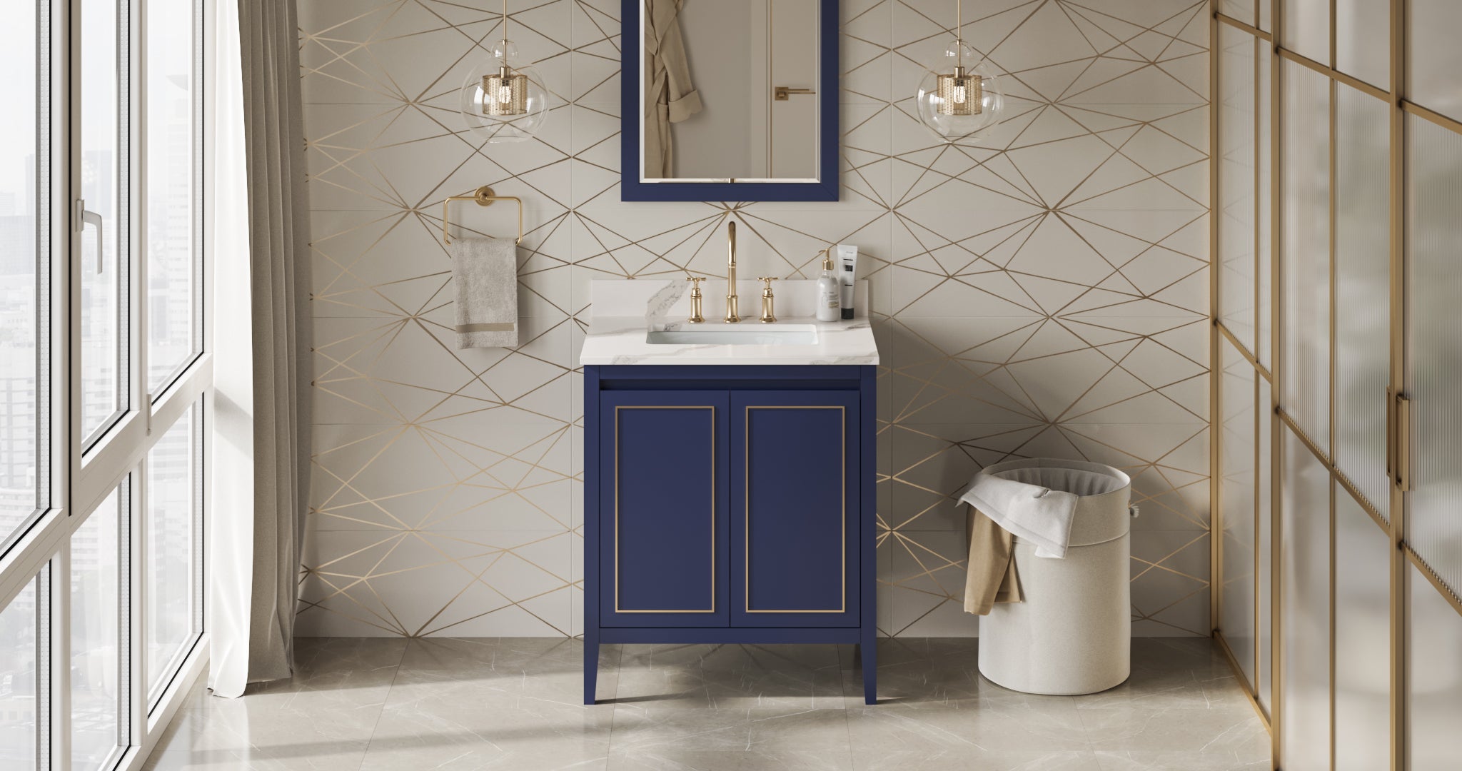 30" Hale Blue Percival Vanity, Calacatta Vienna Quartz Vanity Top, undermount rectangle bowl | KitchBath