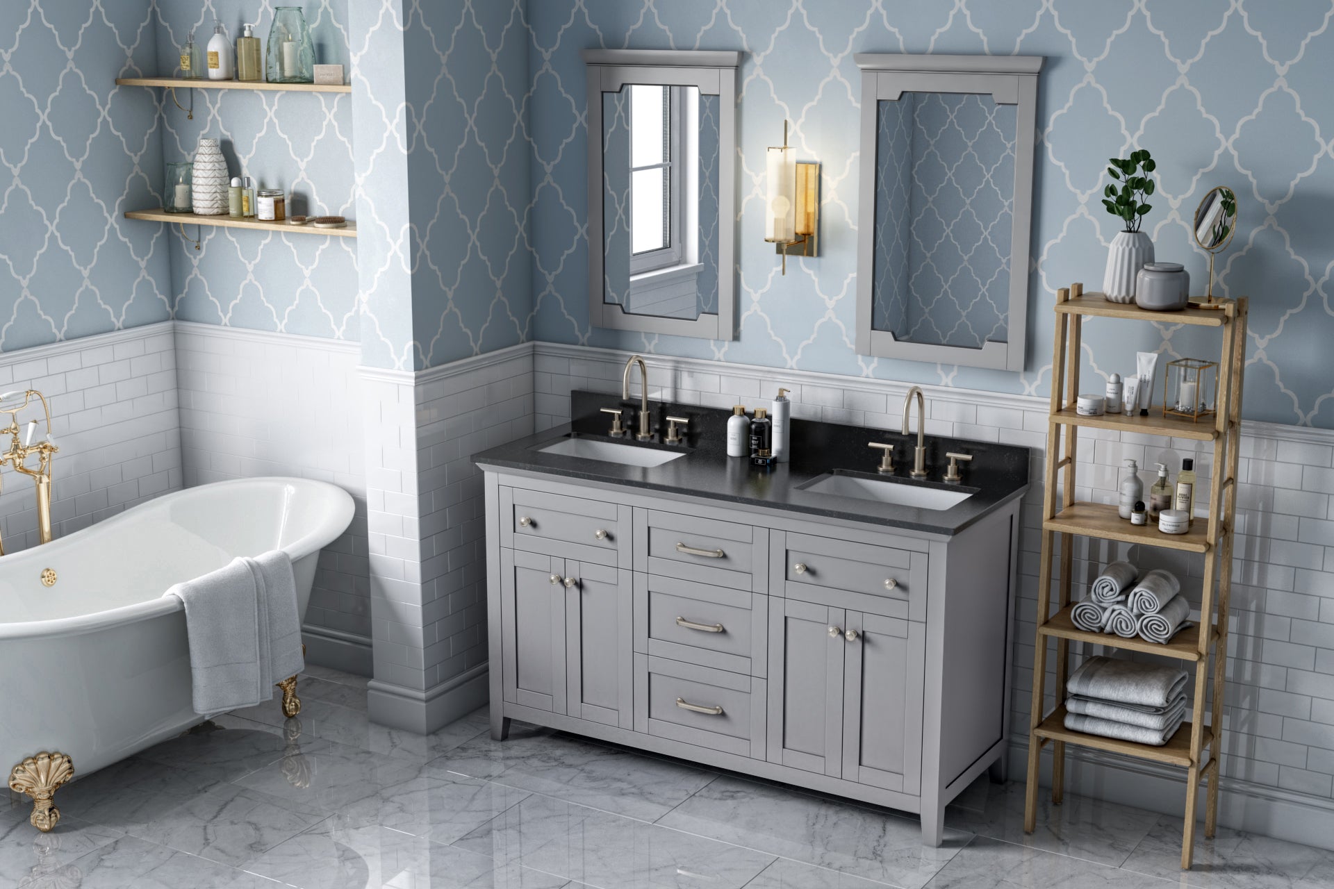 60" Grey Chatham Vanity, double bowl, Black Granite Vanity Top, two undermount rectangle bowls | KitchBath