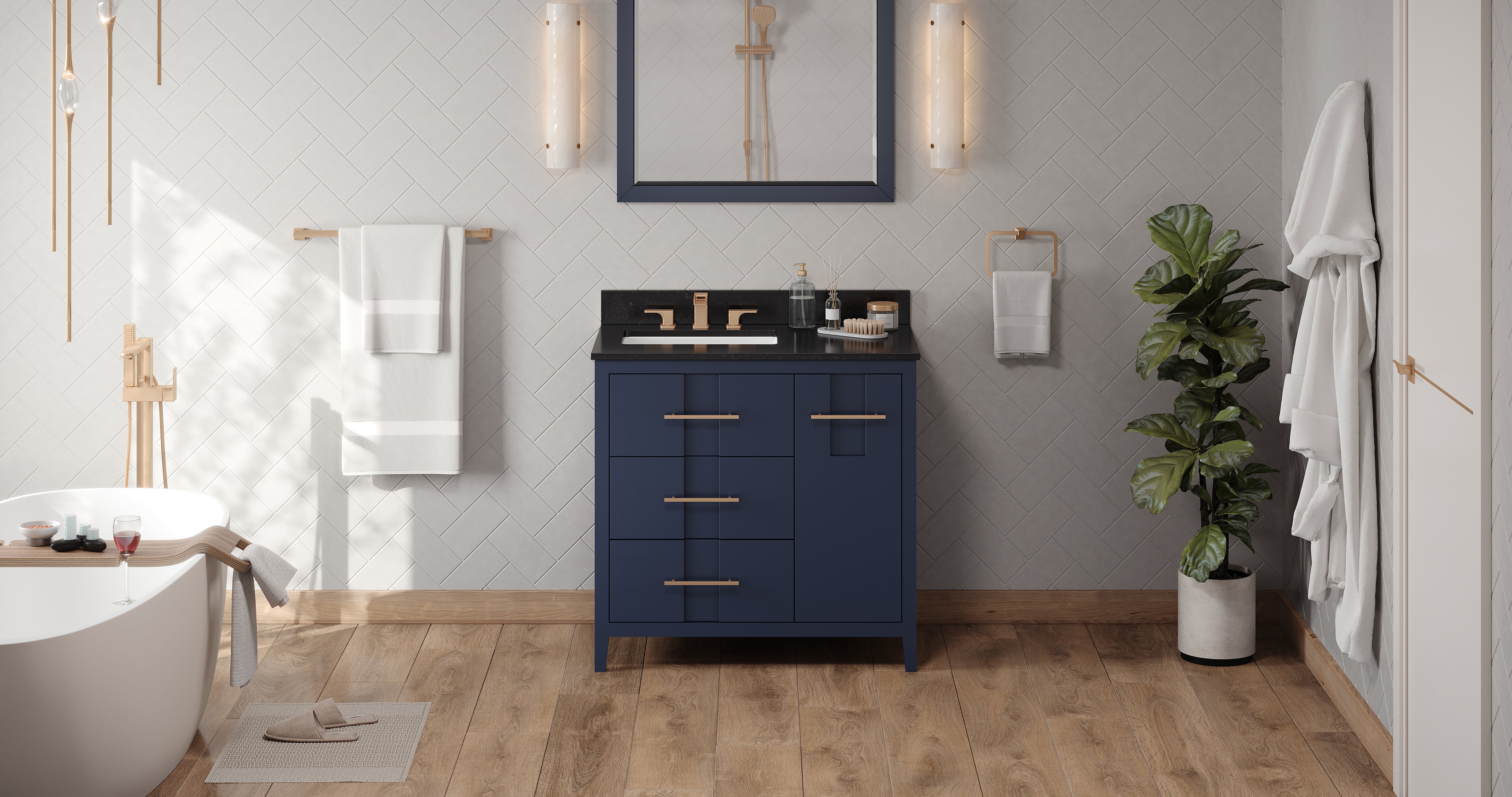 36" Hale Blue Katara Vanity, left offset, Black Granite Vanity Top, undermount rectangle bowl | KitchBath