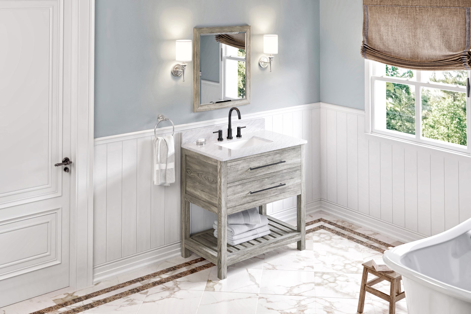 36" Weathered Grey Wavecrest Vanity, White Carrara Marble Vanity Top, undermount rectangle bowl | KitchBath