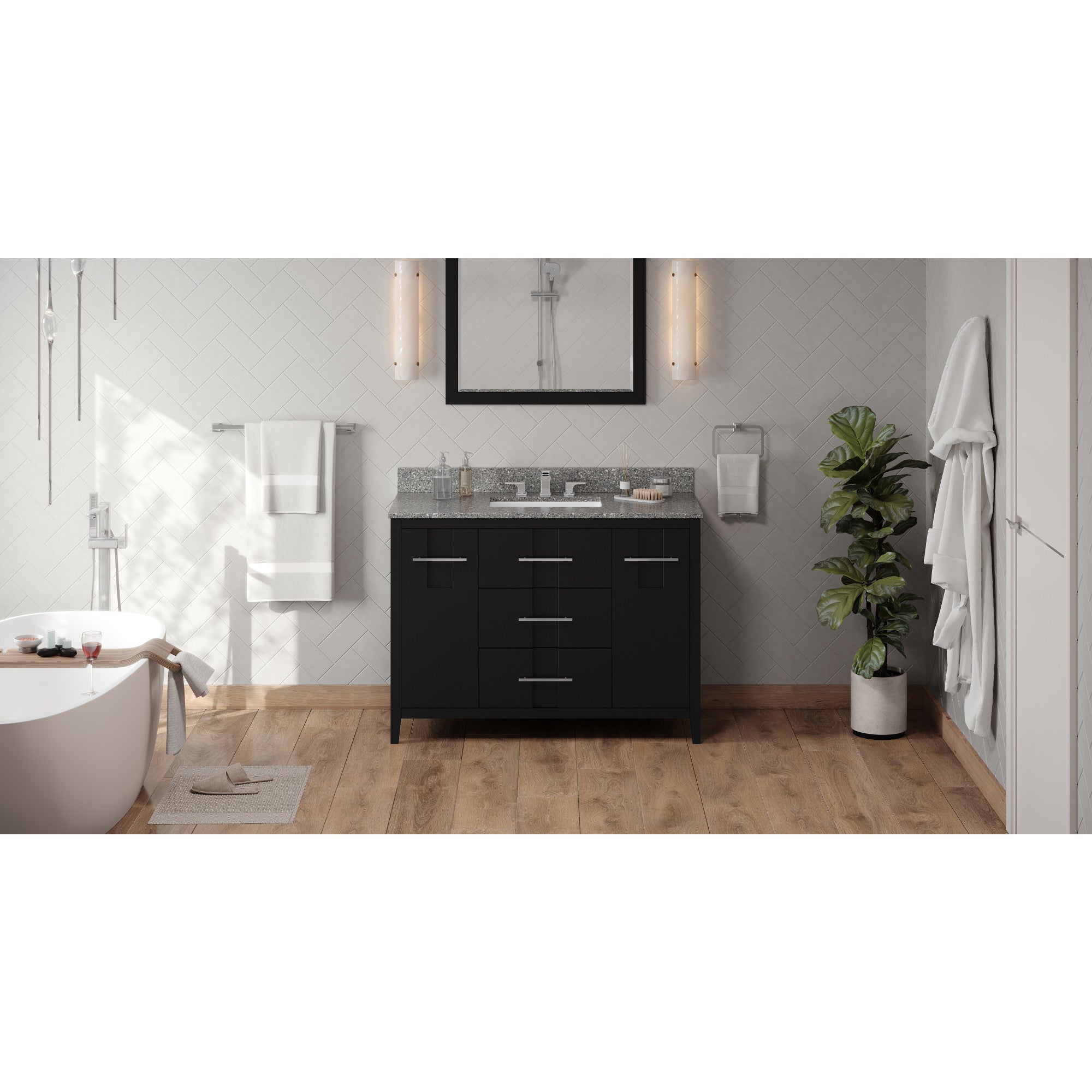 48" Black Katara Vanity, Boulder Cultured Marble Vanity Top, undermount rectangle bowl | KitchBath