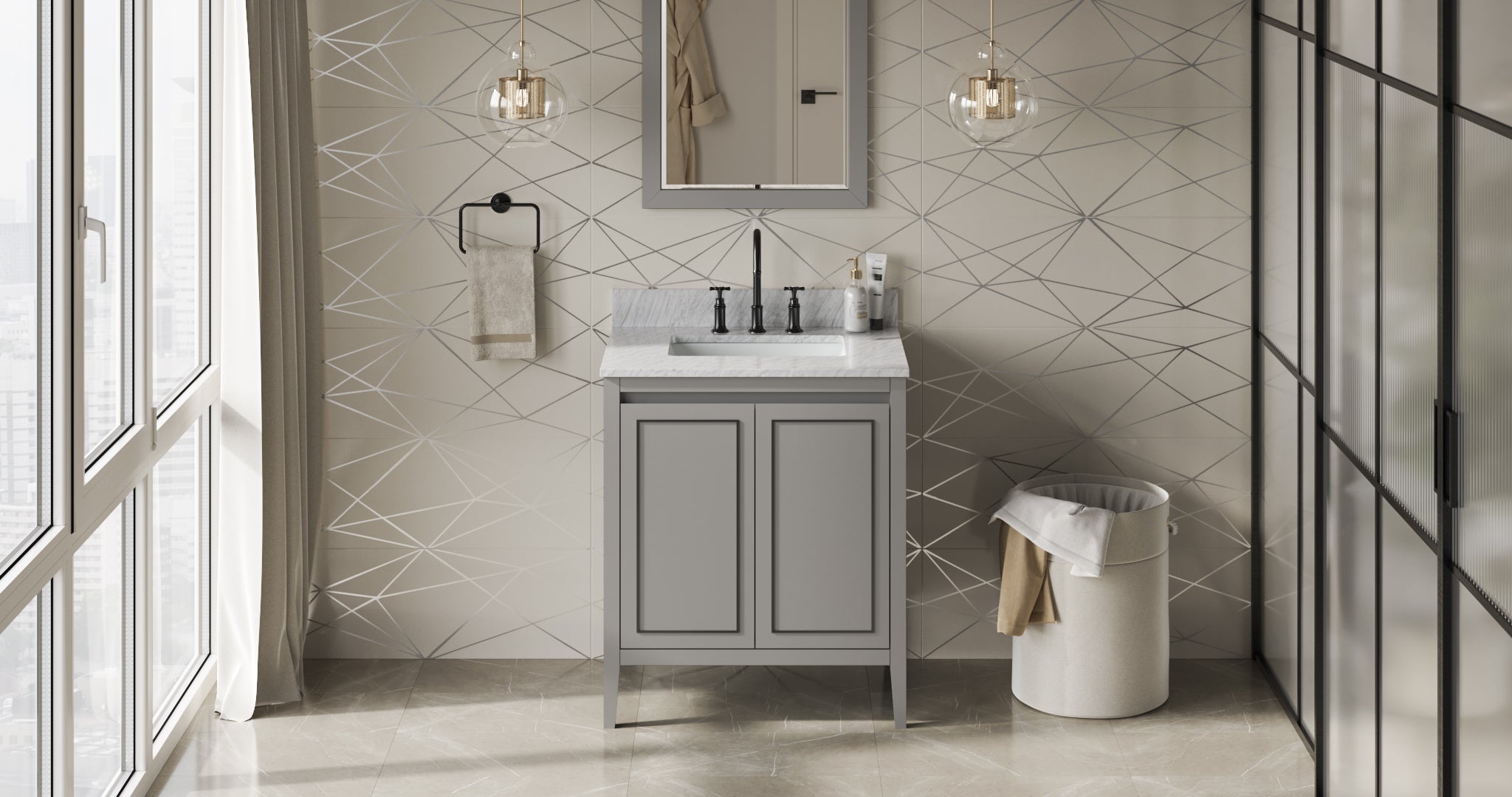 30" Grey Percival Vanity, White Carrara Marble Vanity Top, undermount rectangle bowl | KitchBath